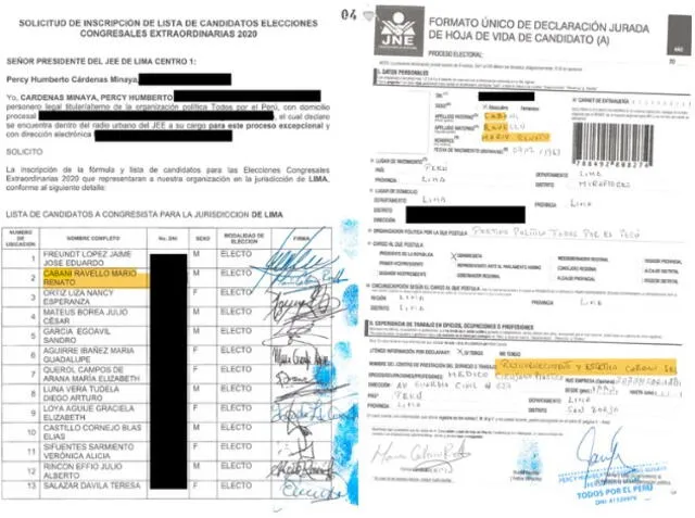 Izquierda: Lista de Todos por el Perú donde figura Cabani | Derecha: Extracto de la hoja de vida de Cabani | Fotos: Infobae.