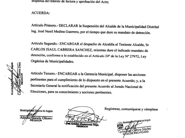Acuerdo de Concejo de Anguía que suspende a José Nenil Medina. Foto: documento