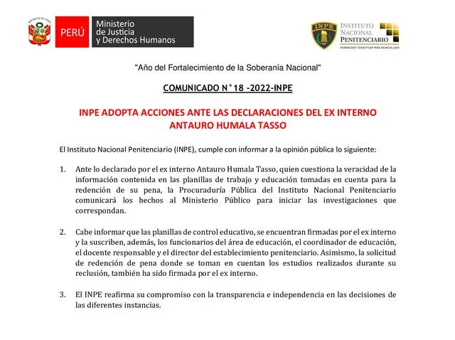 Comunicado del INPE sobre Antauro Humala. Foto: INPE