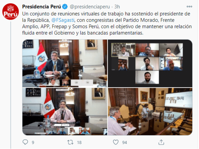 Tweet de Presidencia sobre reunión con bancadas.