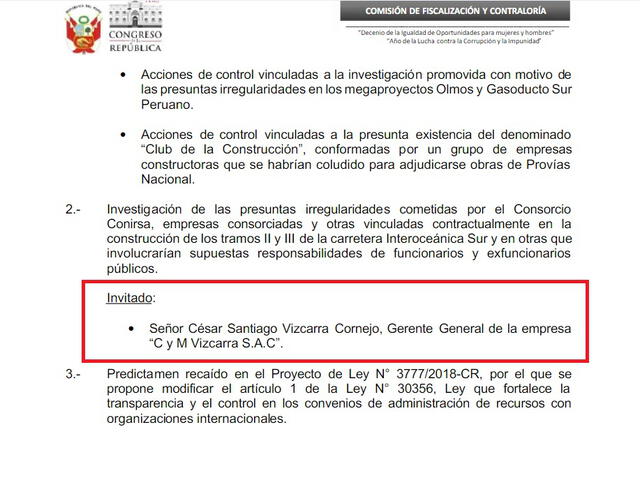 Comisión de Fiscalización cita a César Vizcarra. Comisión de Fiscalización cita a César Vizcarra.