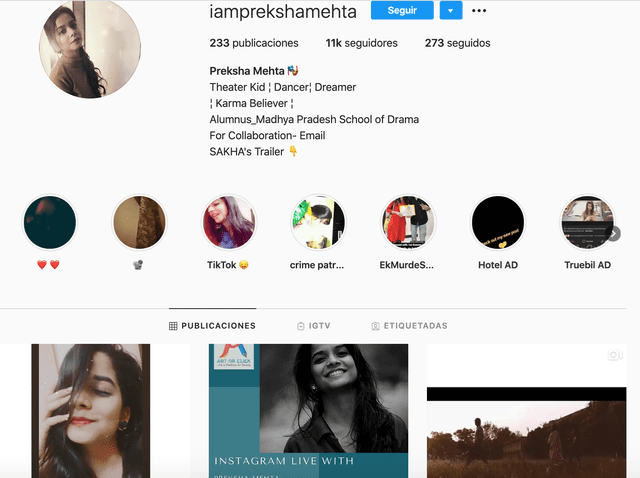 La actriz de Bollywood Preksha Mehta en Instagram