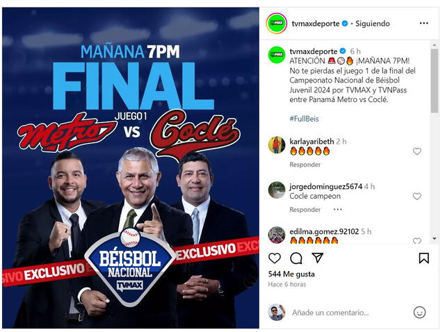 TVMAX confirmó a través de sus redes que televisará el juego 1 de la final entre Coclé vs. Panamá Metro. Foto: tvmaxdeporte / Instagram   