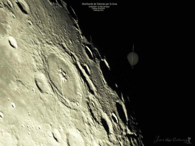  Astrofotógrafos peruanos, de Huancayo, capturaron una imagen de Saturno ocultándose emergiendo tras la Luna. Foto: Santivañez 