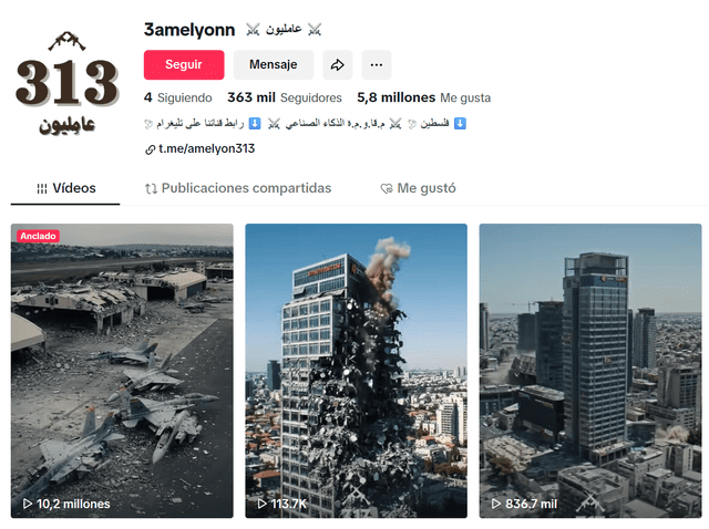 <em> Usuario iraní que publica contenido hecho con inteligencia artificial con temáticas de las guerras en medio oriente. Foto: captura de pantalla</em>   