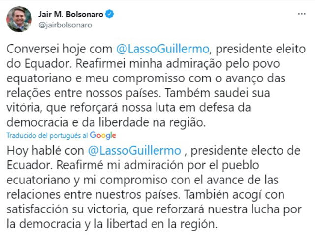 "Acogí con satisfacción su victoria", le dijo Bolsonaro a Lasso apenas venció en Ecuador. Foto: @jairbolsonaro/Twitter