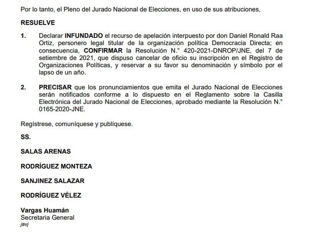 Democracia Directa pierde su inscripción tras oficialización de resolución del JNE
