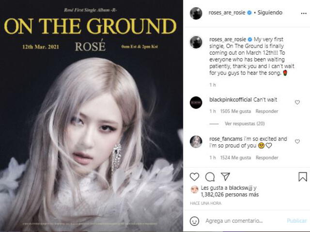 Post de Rosé de BLACKPINK sobre "On the ground". Foto: @yg_ent_official