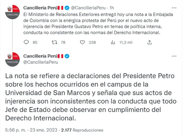 Tuit de Cancillería sobre declaraciones de Gustavo Petro. Foto: captura de Twitter