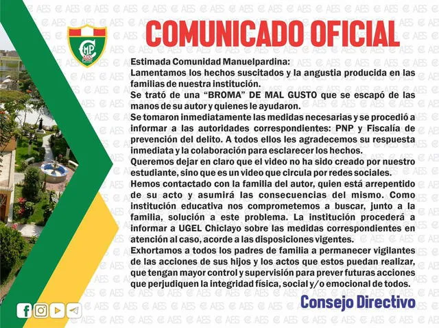 Comunicado oficial de la institución Comunicado oficial de la institución