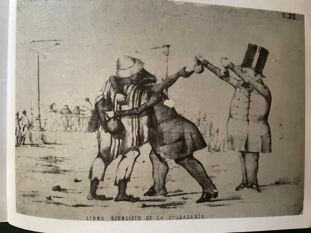 Carictaura titulada "Libre ejercicio de la ciudadanía" (J. Williez) y recogida en el libro Adefesios, la carocatura política en el Perú en el siglo XIX. Foto: José Ragas