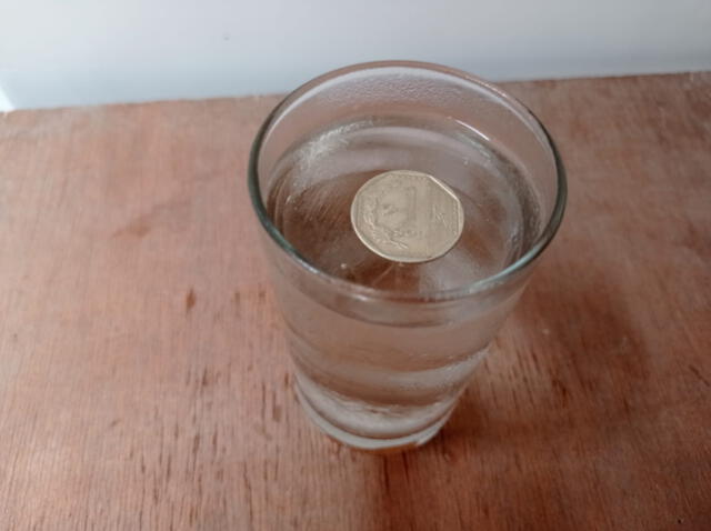 moneda, vaso con agua, moneda en la refrigeradora