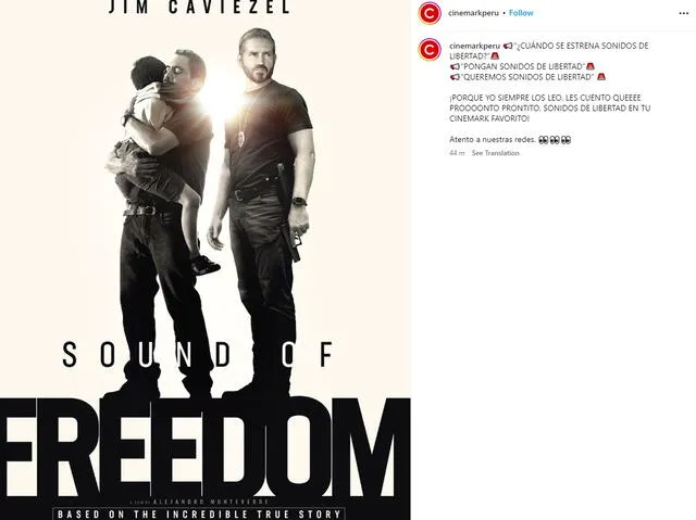  Cinemark anuncia estreno de 'Sound of freedom' en sus salas. Foto: captura de Instagram   