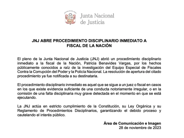 Mediante un documento, la JNJ anunció sobre proceso disciplinario contra Patricia Benavides. Foto: JNJ 