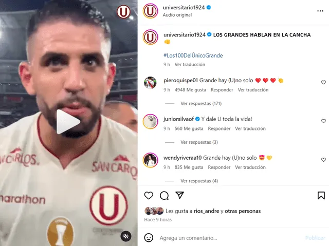 Piero Quispe y su alentador mensaje de aliento a Universitario. Foto: captura de Instagram.   