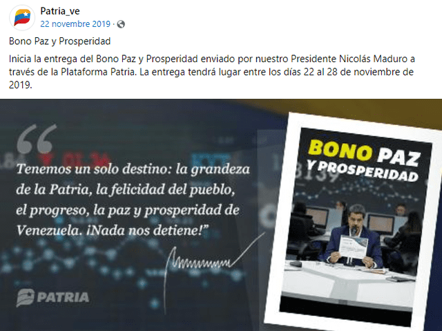 El pago del Bono Prosperidad y Paz llegó en noviembre de 2019. Foto: Patria