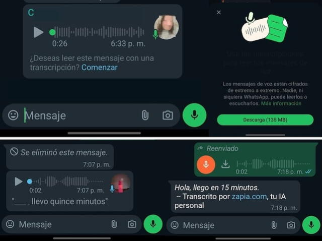  Así lucen los audios transcritos de WhatsApp. Foto: La Nación   