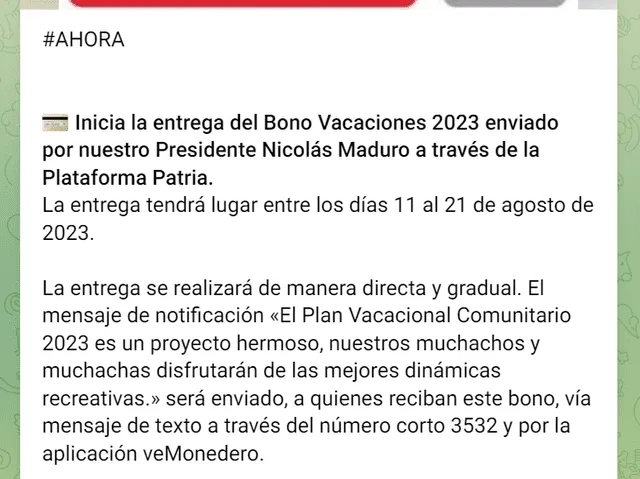 Se espera que el Primer Bono Especial de este mes esté relacionado con el Bono Vacaciones de 2023. Foto: Canal Patria Digital/ Telegram