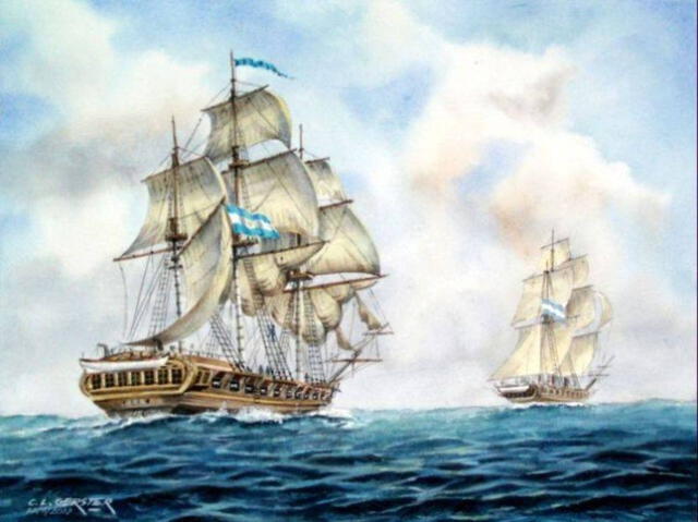 En 1818, la fragata argentina "La Argentina" bajo Bouchard izó la bandera argentina tras atacar Monterrey, California. Foto: La Nación   