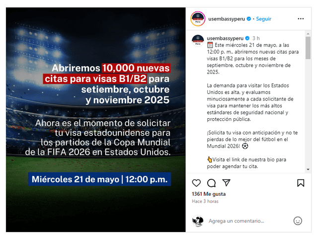 Embajada de EE. UU. en Perú hizo el comunicado de manera oficial en sus redes. Foto: Captura Instagram   