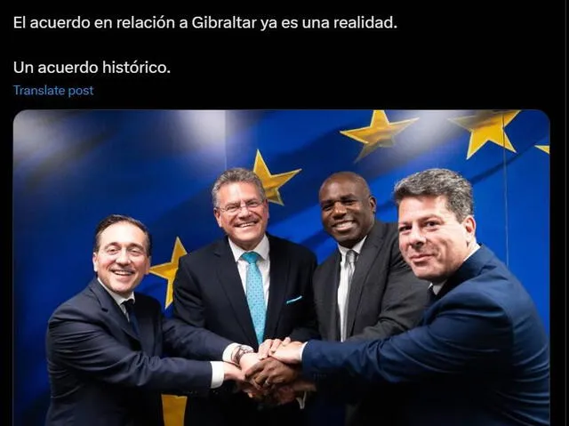 Tuit del acuerdo entre Gibraltar, Reino Unido y España. Foto: José Manuel Albares/x Tuit del acuerdo entre Gibraltar, Reino Unido y España. Foto: José Manuel Albares/x