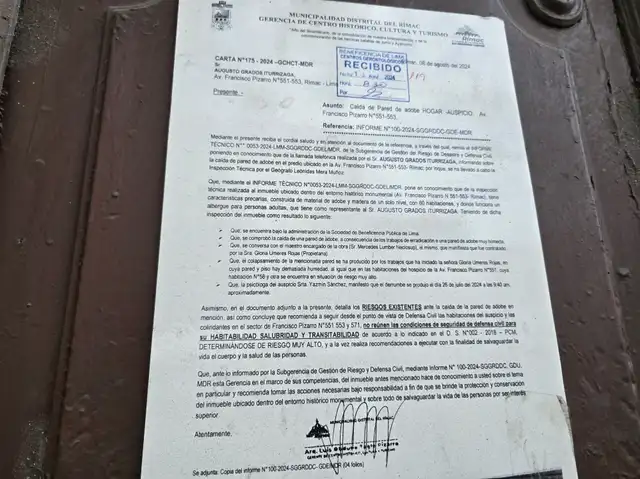 Informe de Defensa Civil del Rímac sobre el estado de la casa hogar. Foto: Francisco Erazo Informe de Defensa Civil del Rímac sobre el estado de la casa hogar. Foto: Francisco Erazo