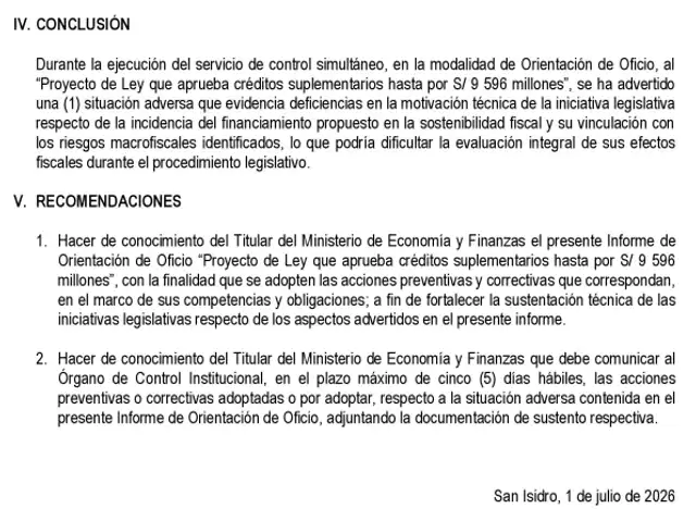 La Contraloría advierte graves riesgos tras aprobarse el crédito suplementario por más de S/9,500 millones. La Contraloría advierte graves riesgos tras aprobarse el crédito suplementario por más de S/9,500 millones.