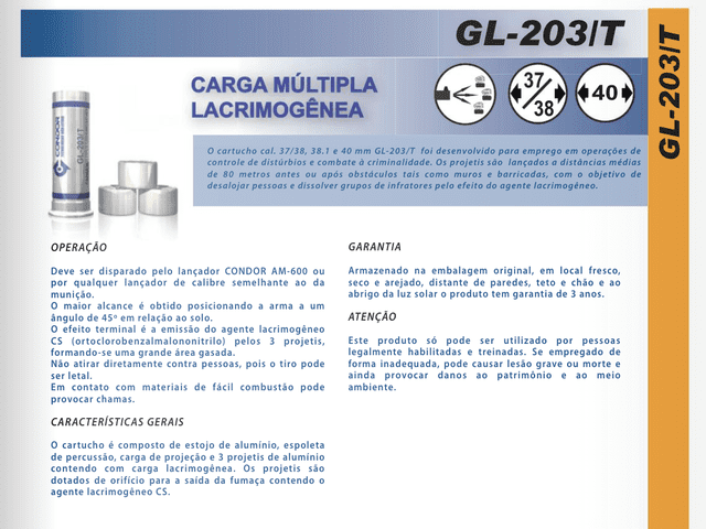 Especificaciones técnicas de cartucho de gas lacrimógeno marca Cóndor. Foto: captura web