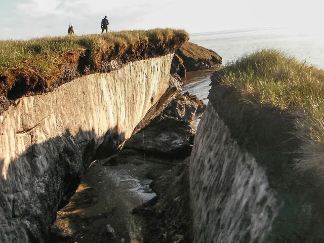 La erosión de la costa en el lago Teshekpuk, Alaska, permite observar la capa de permafrost. Foto: U.S. Geological Survey (USGS)