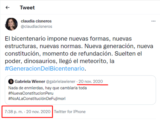 Palabras de Claudia Cisneros en un tuit que data de noviembre del 2020. FOTO: Captura de Twitter.