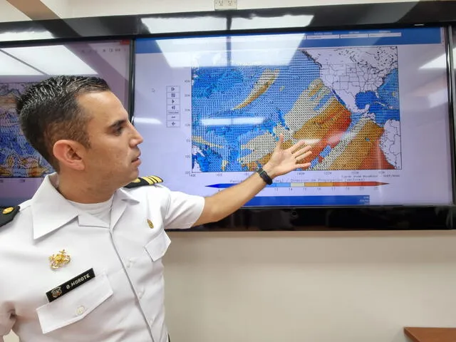 El comandante Giacomo Morote, jefe de Oceanografía de la Dirección de Hidrografía y Navegación de la Marina, estima que la altura de las olas puedan acrecentar hasta en 2 metros y medio