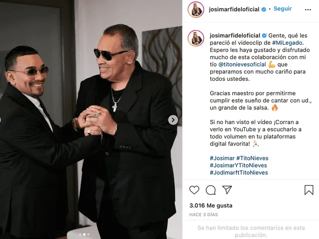 El cantante Josimar agradeció la gran oportunidad de compartir una canción con Tito Nieves. Foto: Captura / Instagram.