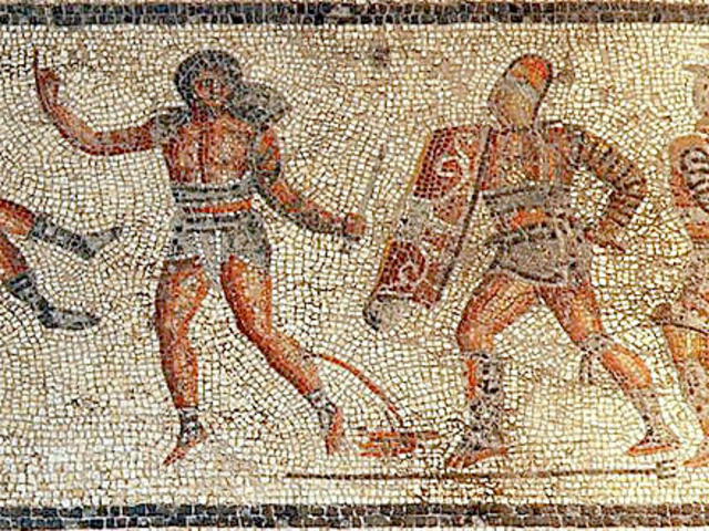 Reciarios en la Anitgüedad, escena de un mosaico encontrado en Zliten (Libia). Foto: Wikiwand.