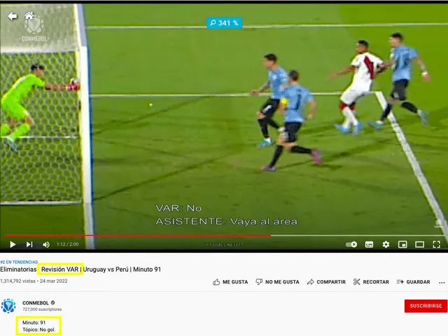 Momento de la revisión VAR, donde se confirma que el balón “no gol” después de la jugada de Perú. Fuente: Captura LR, Youtube, Conmebol.