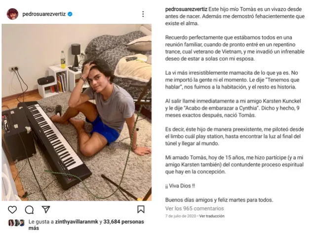 9.7.2022 | Publicación de Pedro Suárez-Vértiz dedicada a su hijo Mateo. Foto: captura Pedro Suárez-Vértiz/Instagram