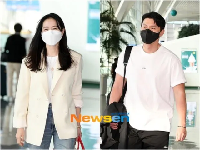 Hyun Bin y Son Ye Jin en el aeropuerto de Incheon. Foto: Newsen