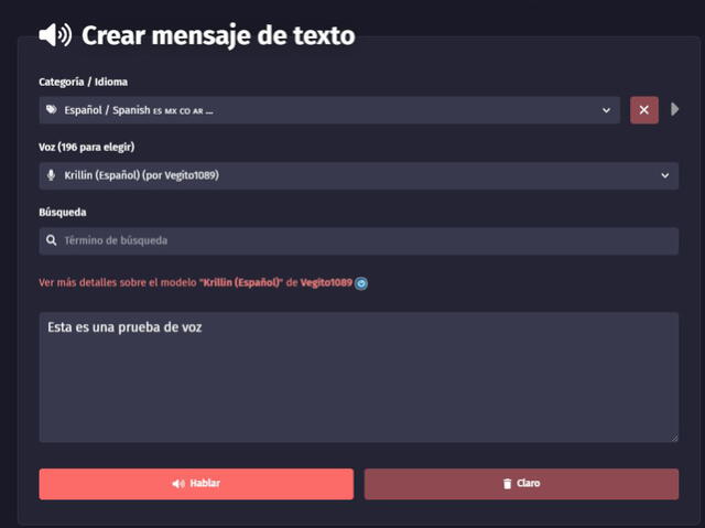 Así debe quedar todo para enviar audios de WhatsApp con la voz de Krilin. Foto: captura de Fakeyou