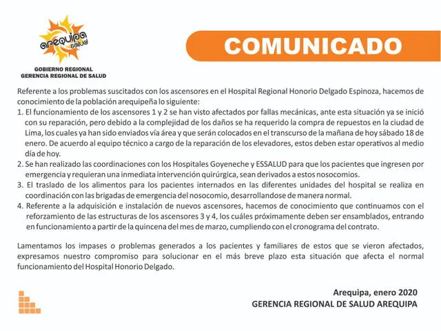 Comunicado del Gobierno Regional de Arequipa.