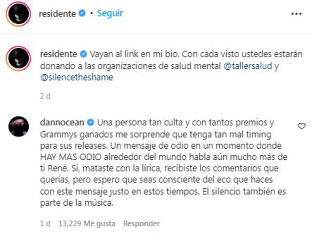 Danny Ocean se pronuncia tras canción de Residente y Bizarrap. Foto: captura de Instagram