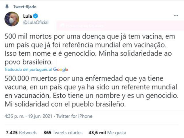 El exmandatario opinó sobre la cifra de los decesos en Brasil por COBID-19 desde su cuenta de Twitter. Foto: captura Twitter