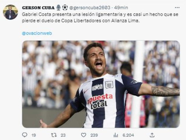 Publicación del periodista Gerson Cuba sobre lesión de Costa. Foto: Twitter   