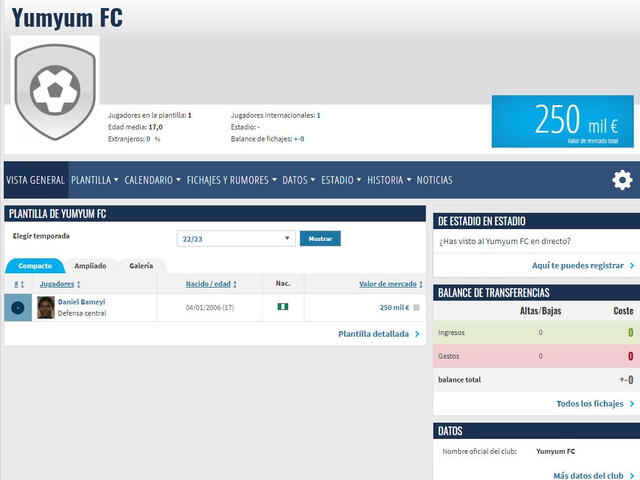 Daniel Bameyi aparece como único jugador del Yum Yum FC. Foto: Transfermarkt.   