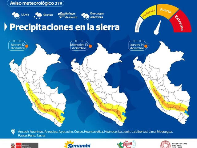  Regiones se verán afectadas por las intensas lluvias en los siguientes días. Foto: Senamhi    