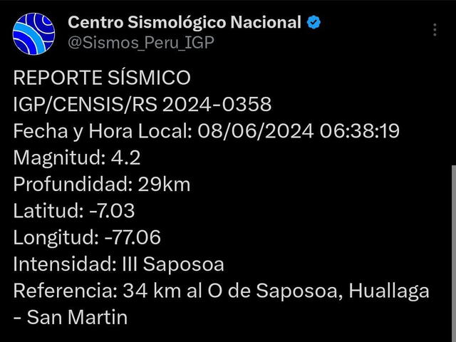  Temblor de 4.2 de magnitud en el departamento de San Martín.   