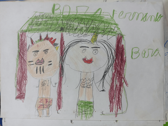 Representación de una familia del pueblo indígena Bora durante el módulo sobre la Fiebre del Caucho, periodo de explotación del caucho en Perú marcado por la esclavitud de indígenas, abusos y violencia. Foto: Flore Garcia-Bour/Jakon Nete    