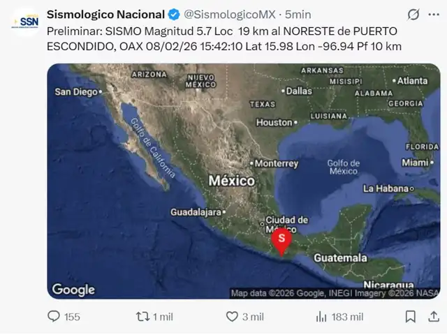  Sismo al noreste de Puerto Escondido. Foto: SSN/X   
