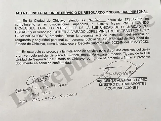Geiner Alvarado cambió de decisión sobre no recibir resguardo policial en Chiclayo. Foto: documento obtenido por La República