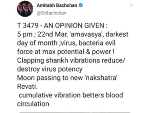 Captura de pantalla del tweet de Amitabh Bachchan hablando sobre cómo las vibraciones destruyen el coronavirus. El actor eliminó luego el mensaje.
