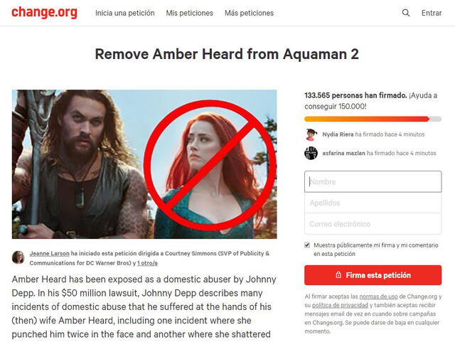 Petición para retirar a Amber Heard de Aquaman 2