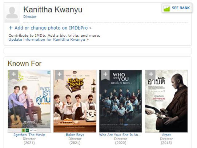 Filmografía de Kanittha Kanyu, directora de 2gether: the movie. Foto: imdb.com